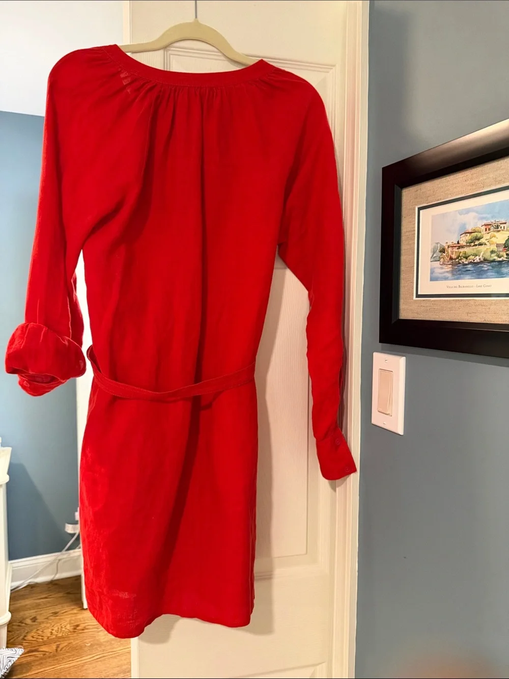 J. Crew Bright Red Long Sleeve Linen Belted Dress